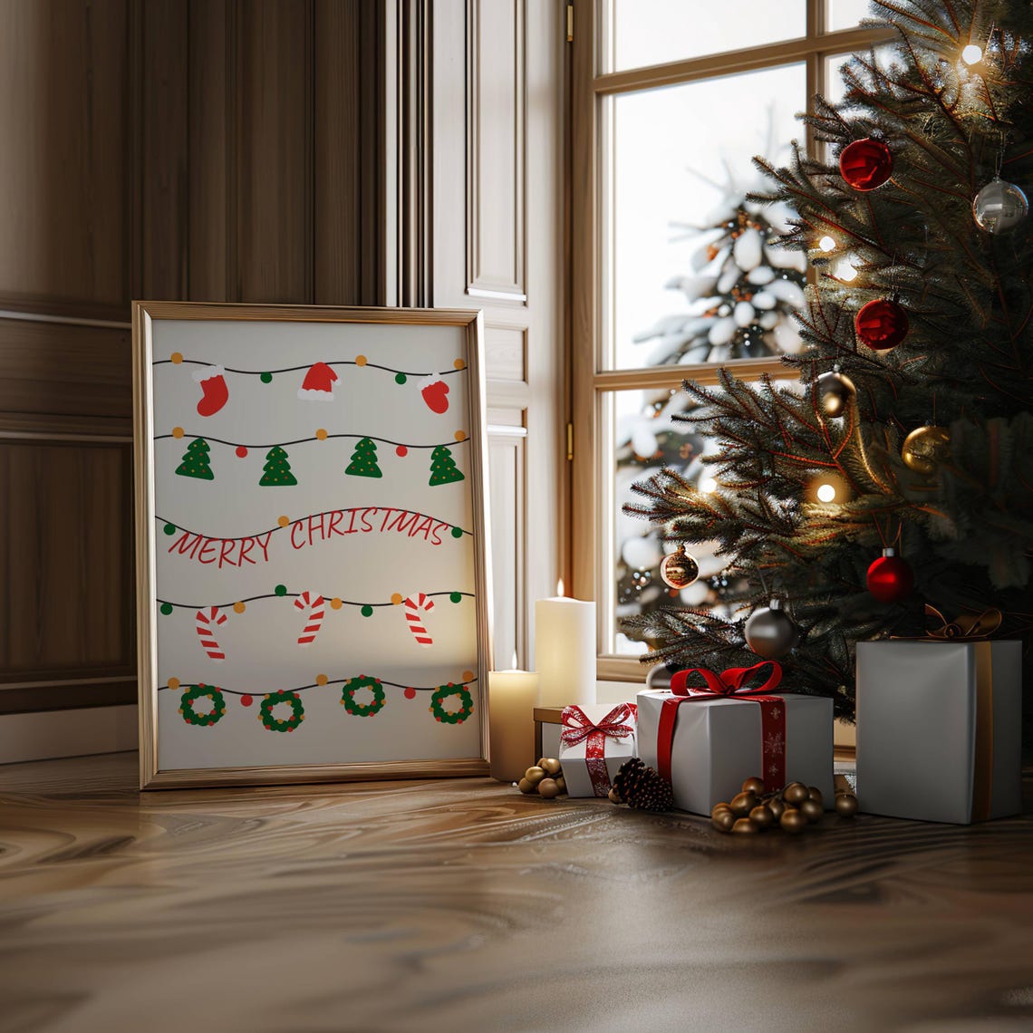 Merry Christmas Cute Garland Ornaments Wreaths Candy Cane Poster - Image 3