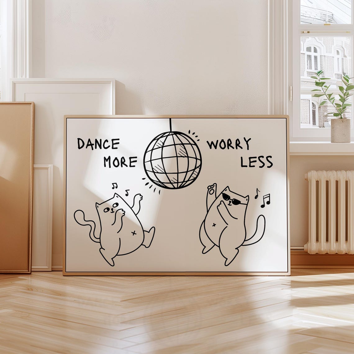 Dance More Worry Less Funny Disco Cats Line Drawing Art Poster - Image 8