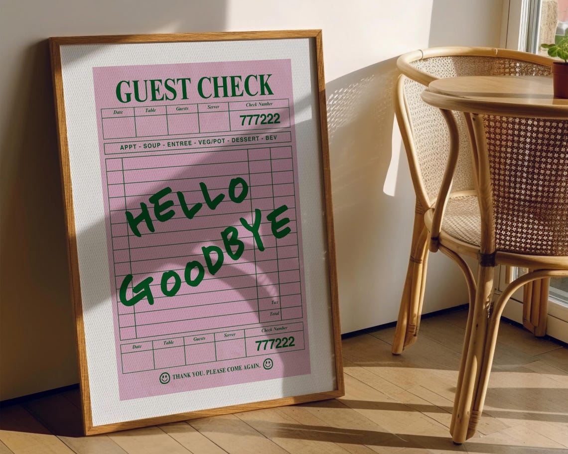 Hello Goodbye Pink Green Guest Check Retro Trendy Quote Poster - Image 4