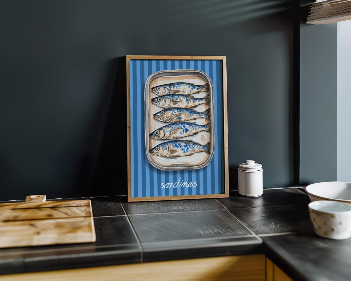 Sardines Tin Blue Striped Background Kitchen Art Illustration Poster - Image 5