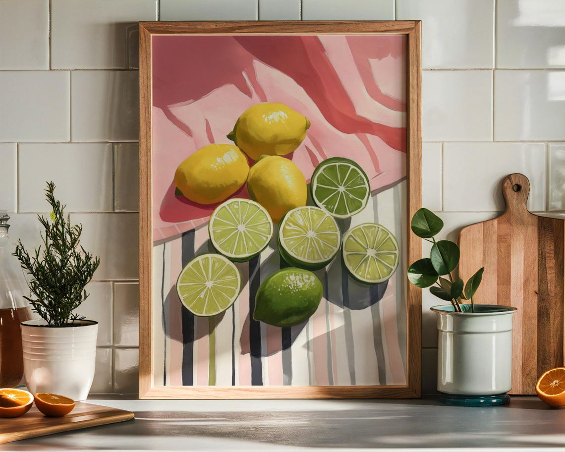 Lemons Limes Still Life Striped Cloth Kitchen Fruit Art Poster