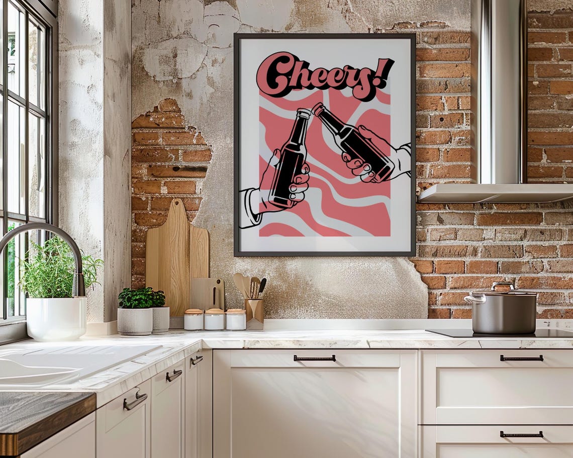 Cheers Beer Bottles Clinking Pink Retro Kitchen Bar Art Poster - Image 7