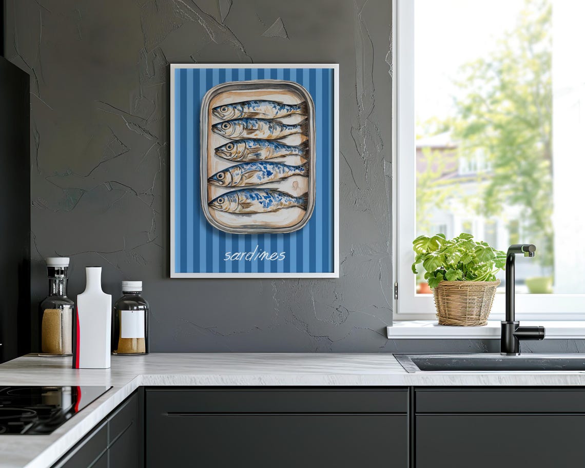 Sardines Tin Blue Striped Background Kitchen Art Illustration Poster - Image 2