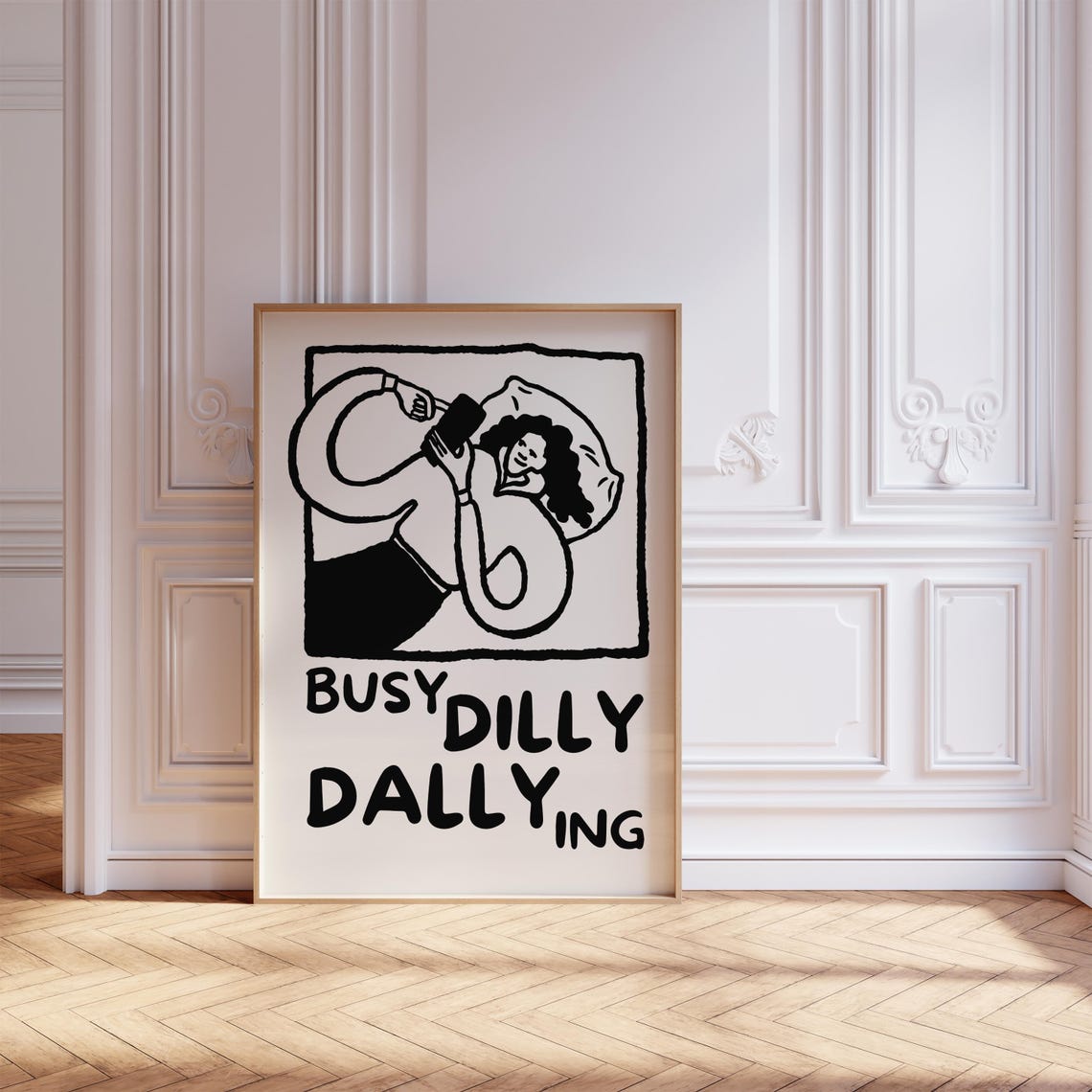Busy Dilly Dallying Funny Lazy Day Bed Rest Line Drawing Poster - Image 8