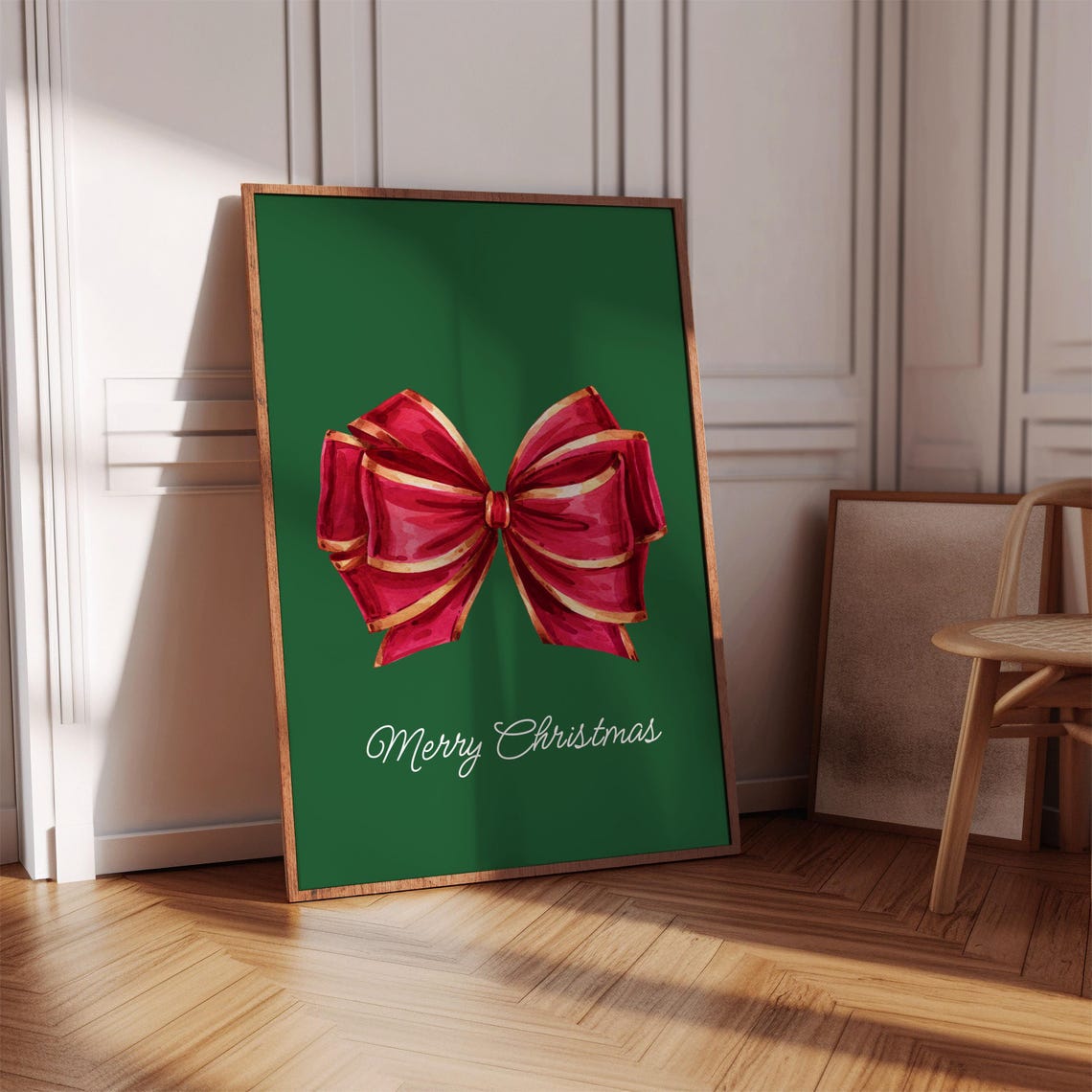 Merry Christmas Red Gold Bow Green Background Holiday Poster - Image 3