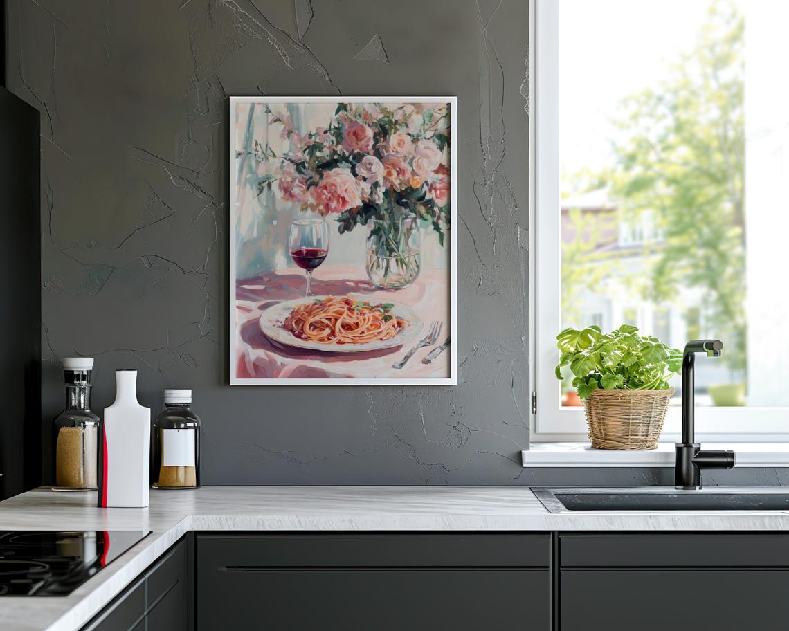 Spaghetti Wine Glass Roses Watercolor Italian Kitchen Table Poster - Image 2