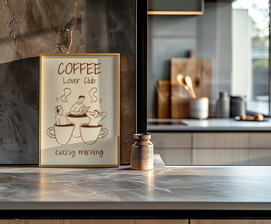 Coffee Lover Club Every Morning Hand Drawn Line Art Kitchen Poster - Image 3