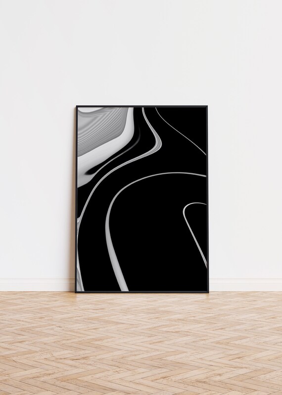 Black Abstract White Flowing Lines Modern Minimalist Art Poster