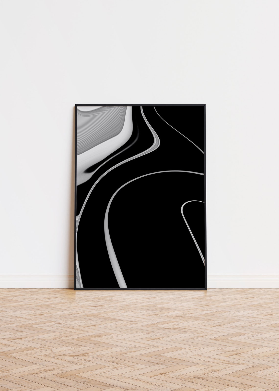 Black Abstract White Flowing Lines Modern Minimalist Art Poster