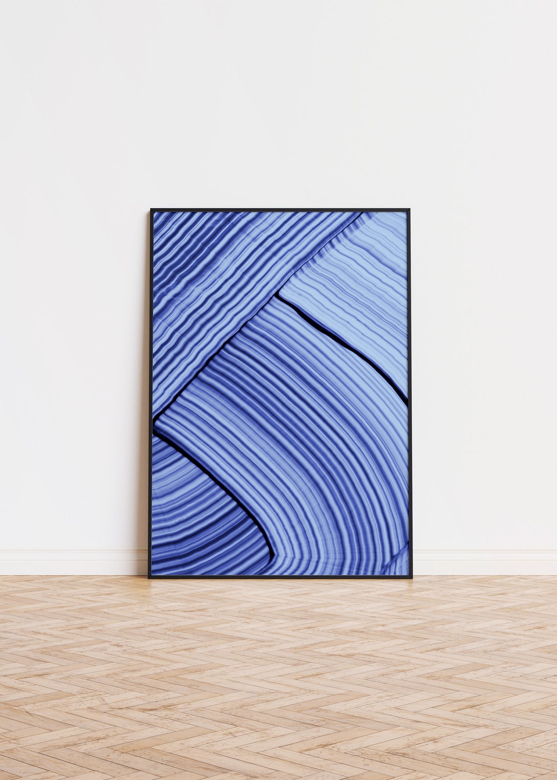 Blue Striped Leaf Lines Abstract Modern Geometric Art Poster