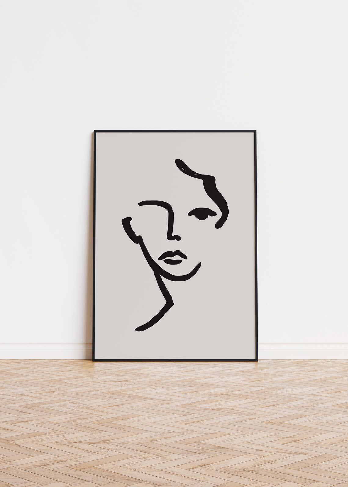 Minimalist Black Line Art Face Beige Abstract Portrait Wall Art