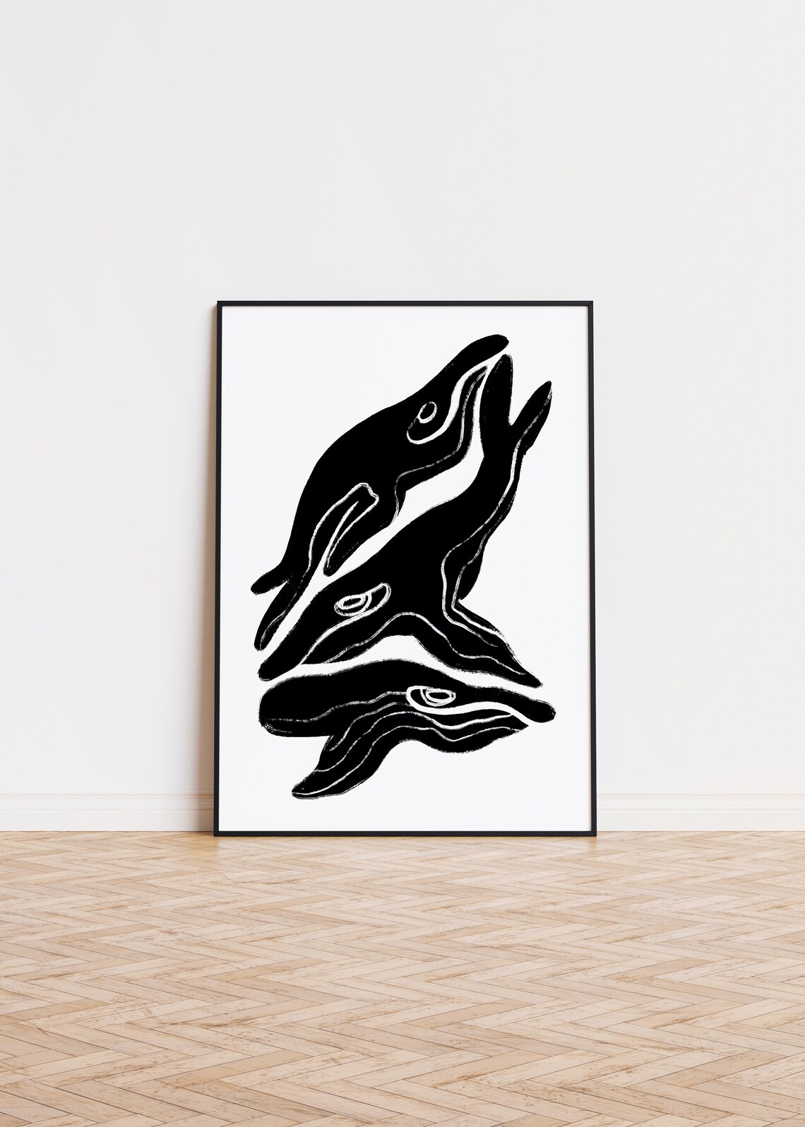 Three Black Whales Minimalist Ink Brush Ocean Wildlife Wall Art