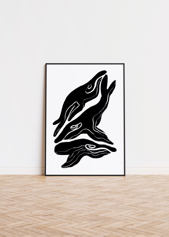 Three Black Whales Minimalist Ink Brush Ocean Wildlife Wall Art