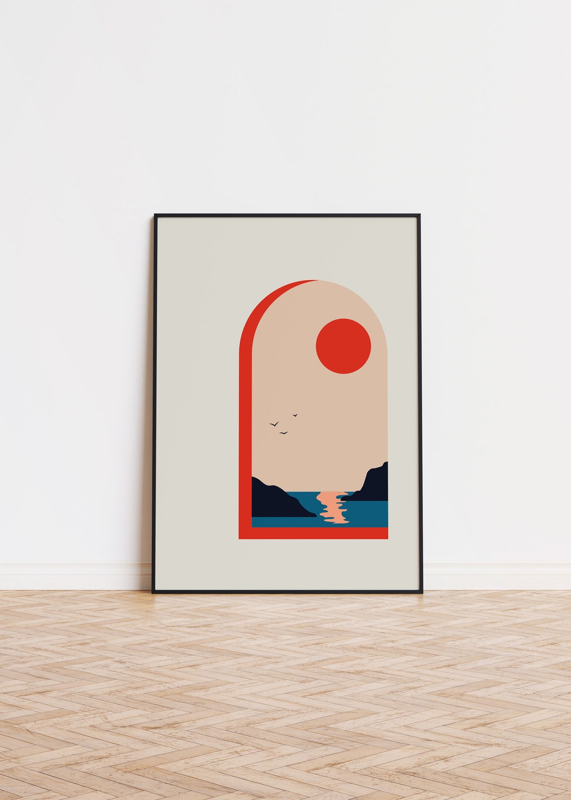 Minimalist Red Sun Arch Ocean Seascape Modern Abstract Poster