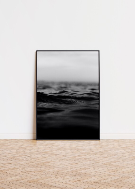 Moody Black and White Ocean Waves Minimalist Photography Poster