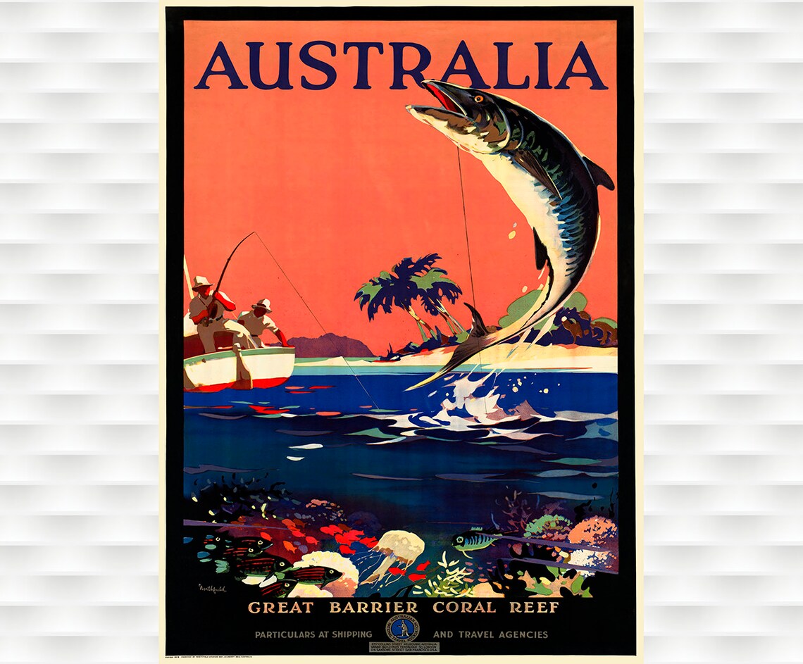Australia Great Barrier Coral Reef Fishing Vintage Travel Poster