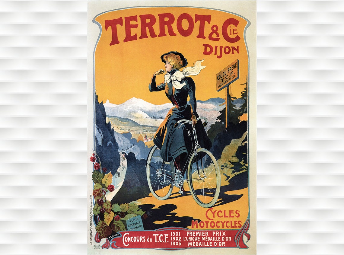 Terrot Dijon Lady Cyclist Mountain Col du Frene French Vintage Poster