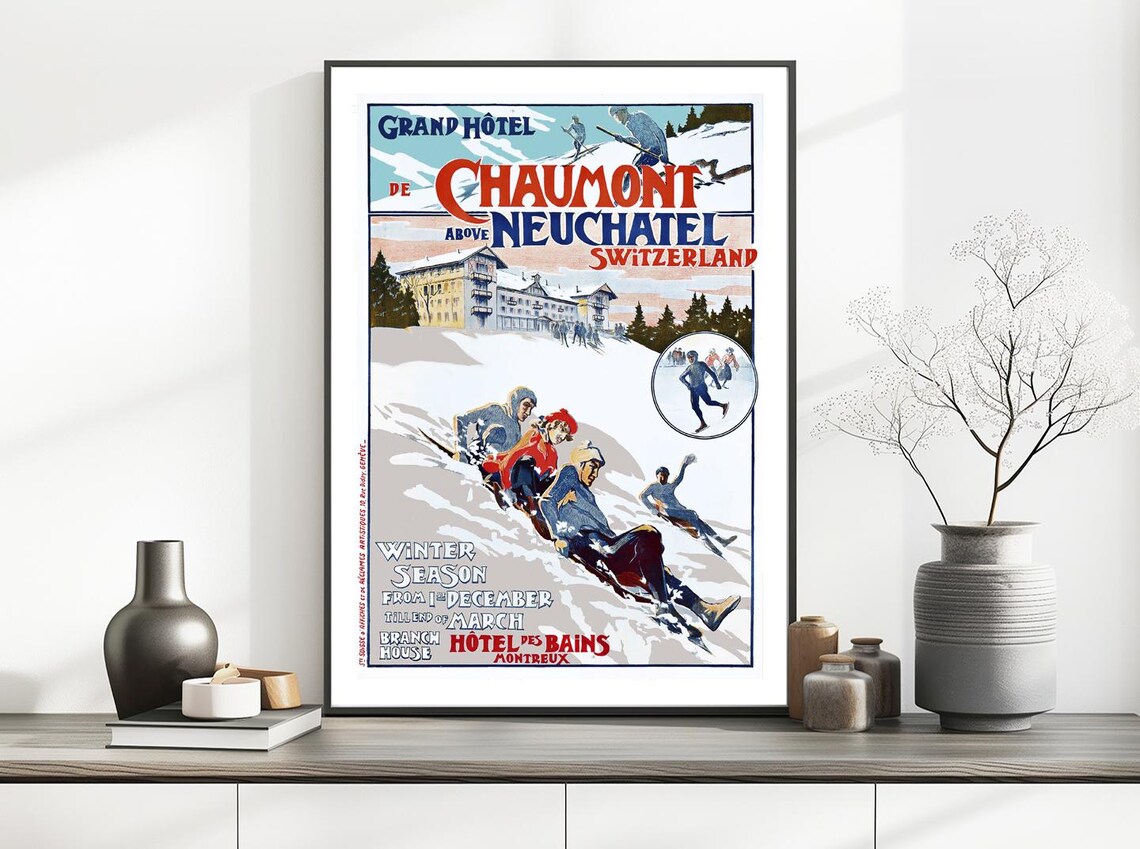 Grand Hotel de Chaumont Neuchatel Switzerland Tobogganers Vintage Poster - Image 2