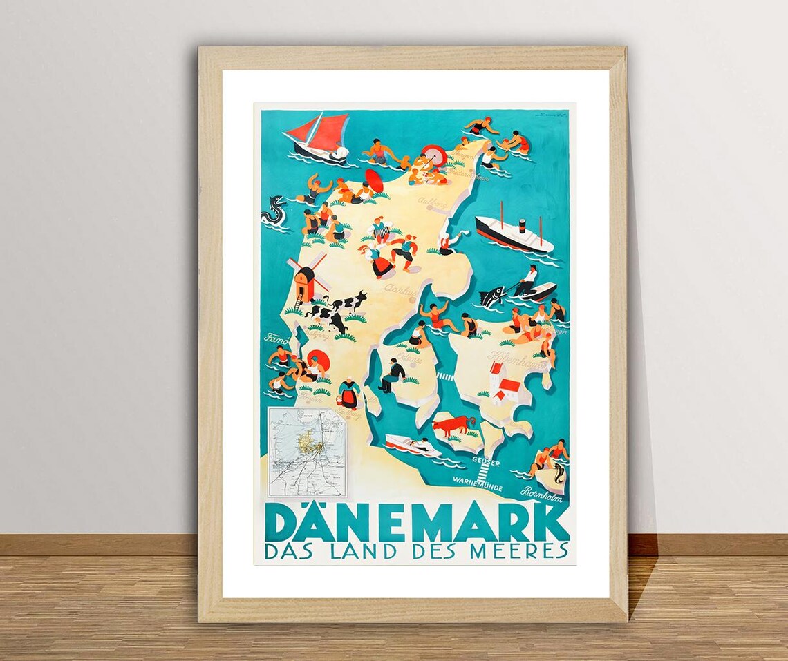 Danemark Das Land des Meeres Vintage Pictorial Denmark Map Poster