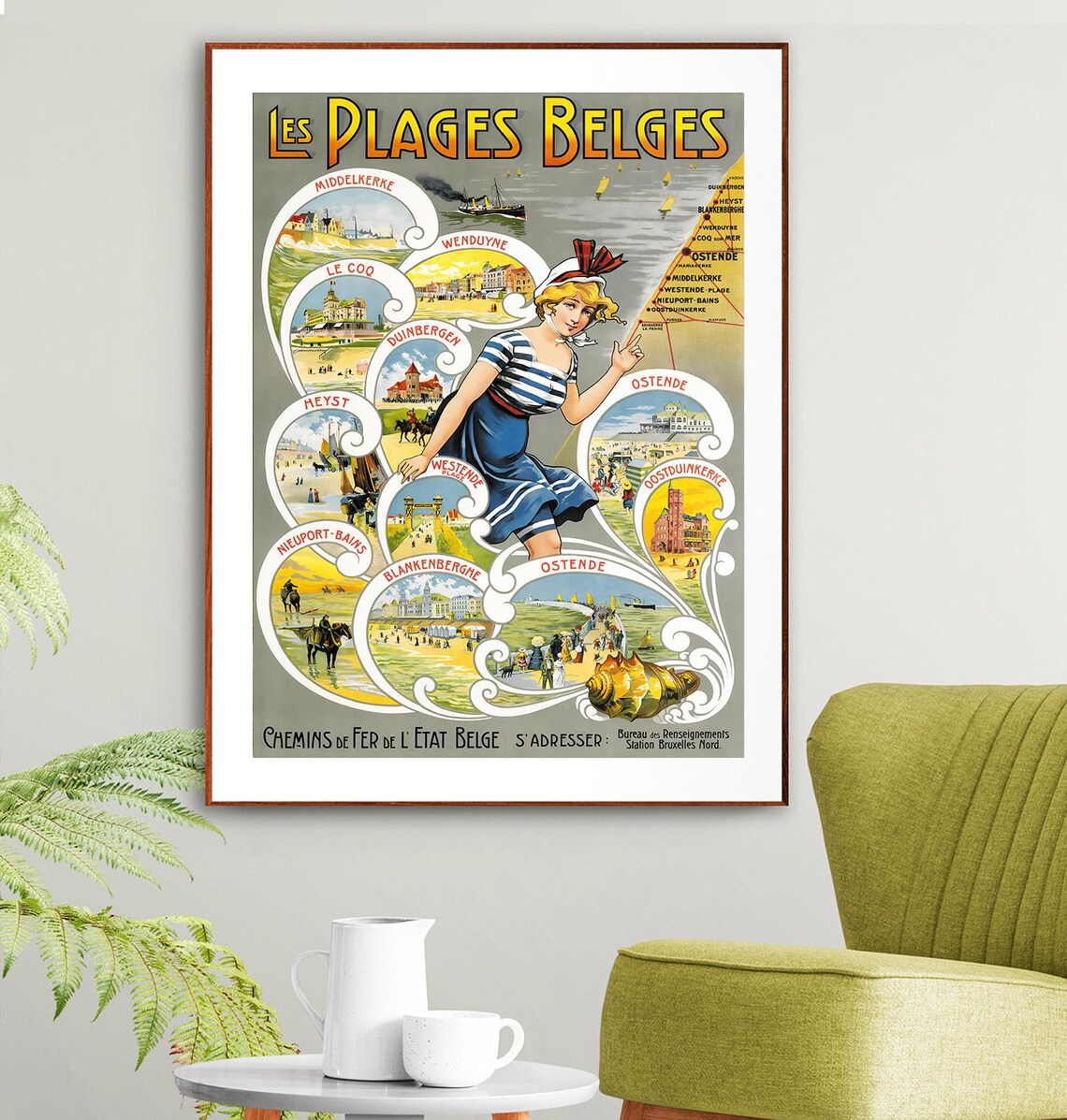 Les Plages Belles Belgium Vintage Travel Poster