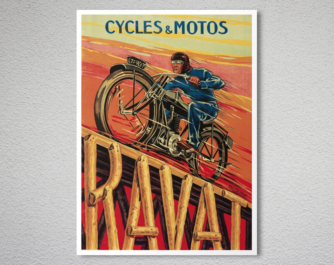 Cycles Motos Ravat Motorcyclist Sunset Jump Vintage French Ad Poster - Image 2