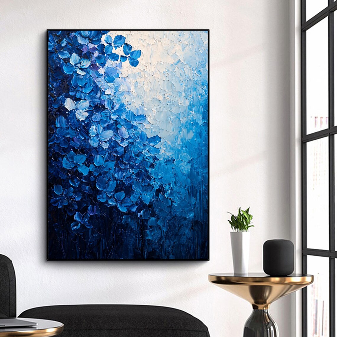 Minimalist Flower Painting, Blue Floral Wall Art Print - Image 2