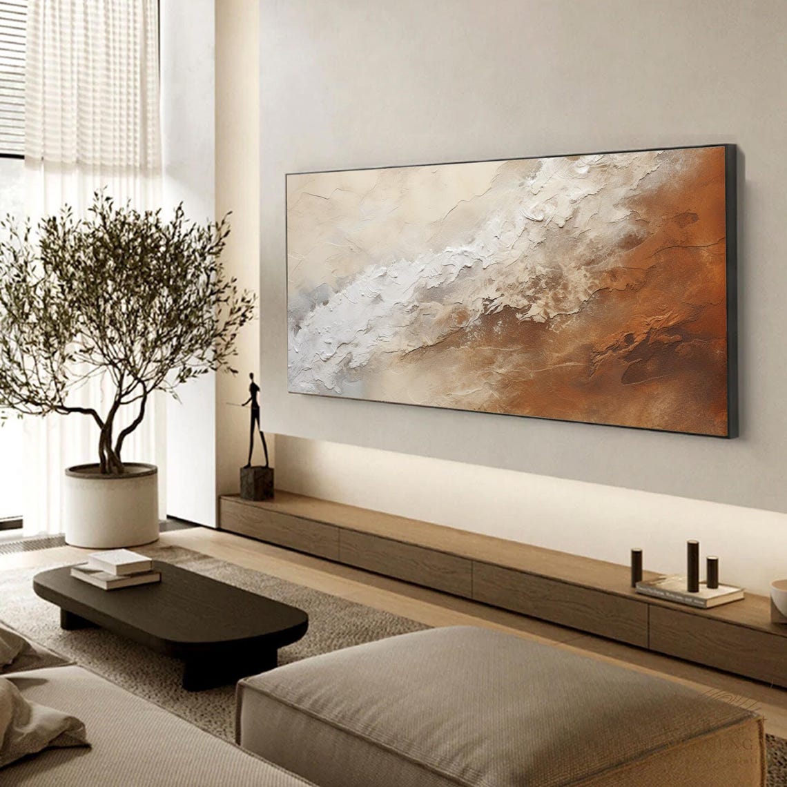Warm Beige Brown Textured Wave Abstract Minimalist Neutral Wall Art - Image 3