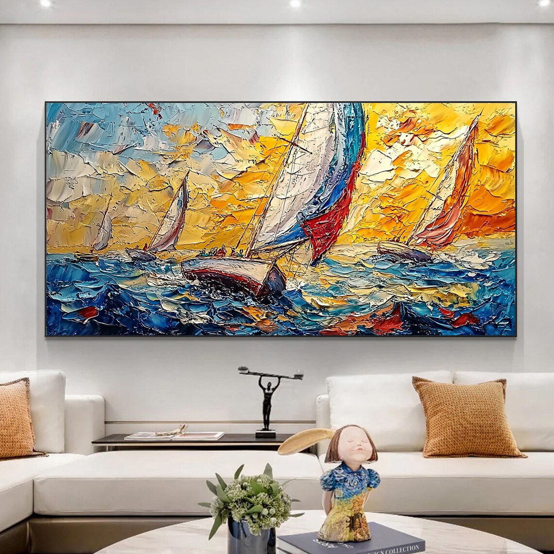 Sailboats At Sunset Golden Sky Textured Ocean Seascape Oil Painting