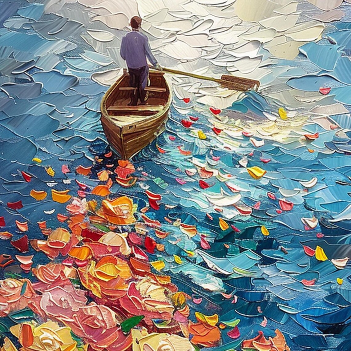 Boatman Rowing Through Blooming Roses Blue Ocean Oil Painting Poster - Image 3