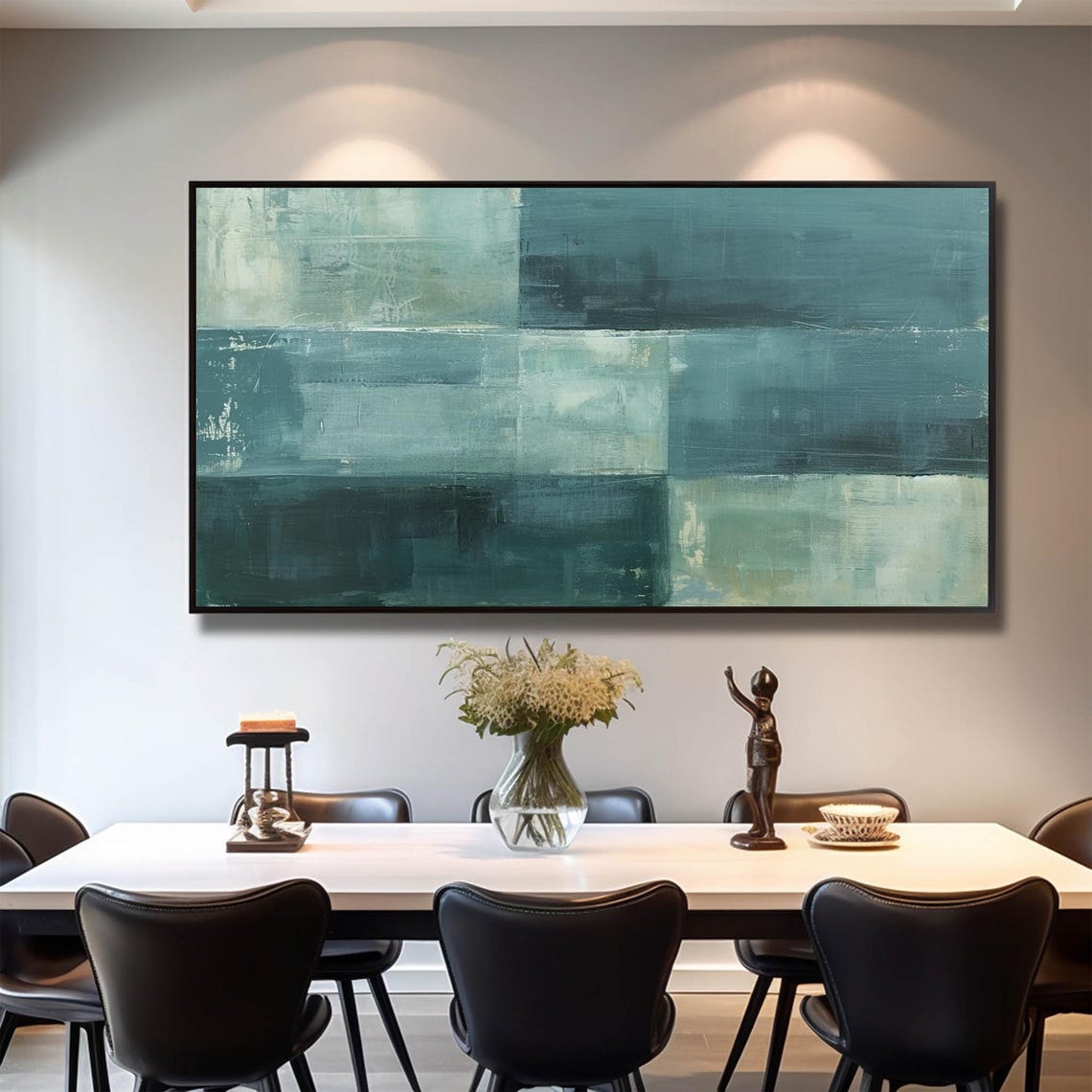 Abstract Teal Green Blocks Modern Minimalist Painting Living Room Art - Image 4