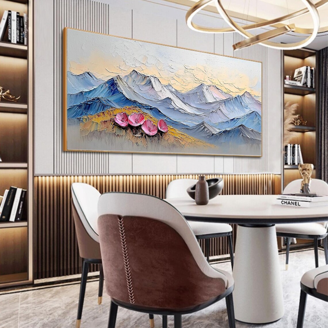 Pink Flowers Blue Mountain Range Textured Oil Painting Nature Wall Art - Image 2