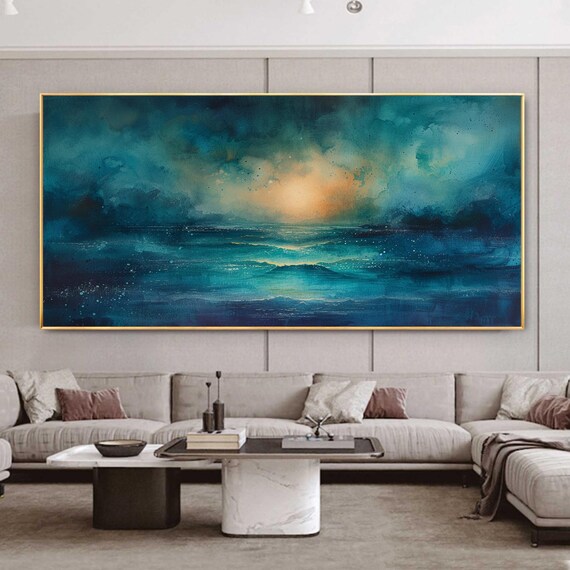 Large Abstract Sunset Seascape Oil Painting On Original Blue Ocean Wall Art Nautical Art Painting Custom Living Room Wall Decor
