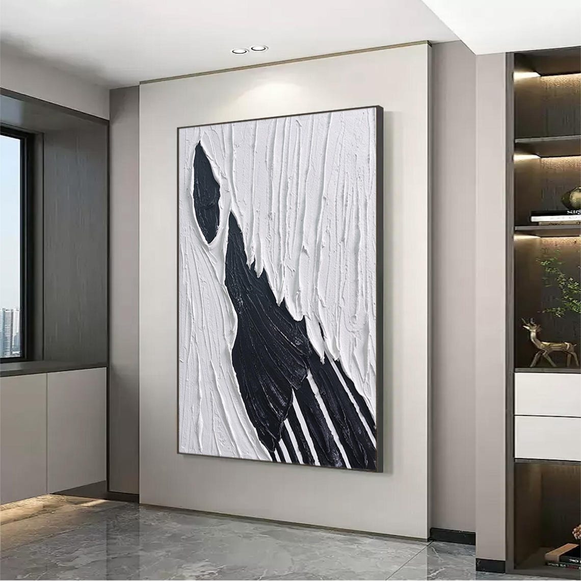 Black And White Bold Stroke Textured Abstract Vertical Wall Painting - Image 2