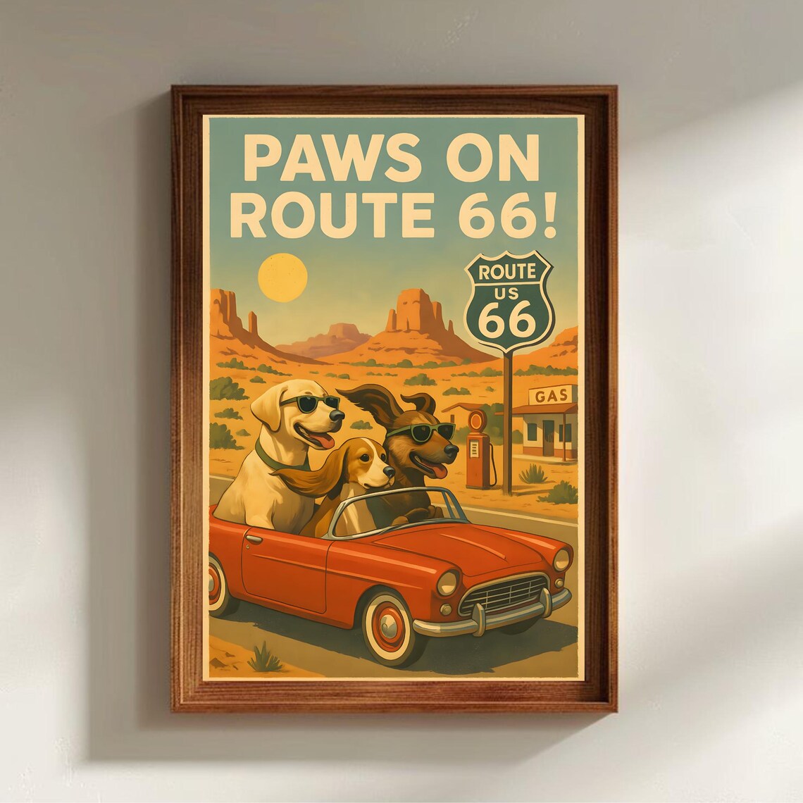 Paws On Route 66 Dogs In Red Convertible Desert Road Trip Poster