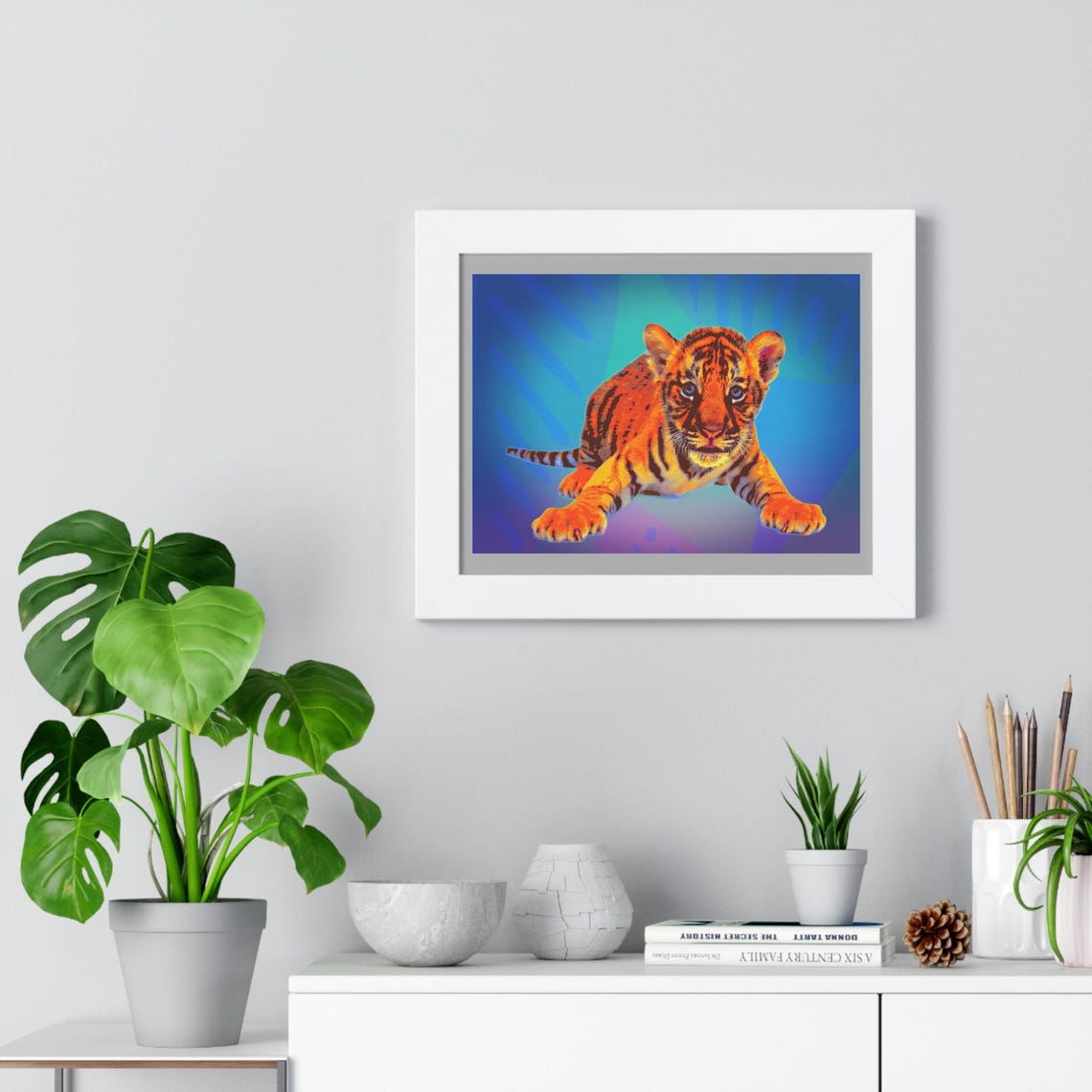 Baby Tiger Cub Pop Art Poster Playful Tiger on Blue Background - Image 2