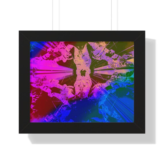 Psychedelic Abstract Neon Cats in Kaleidoscope Style Framed Poster