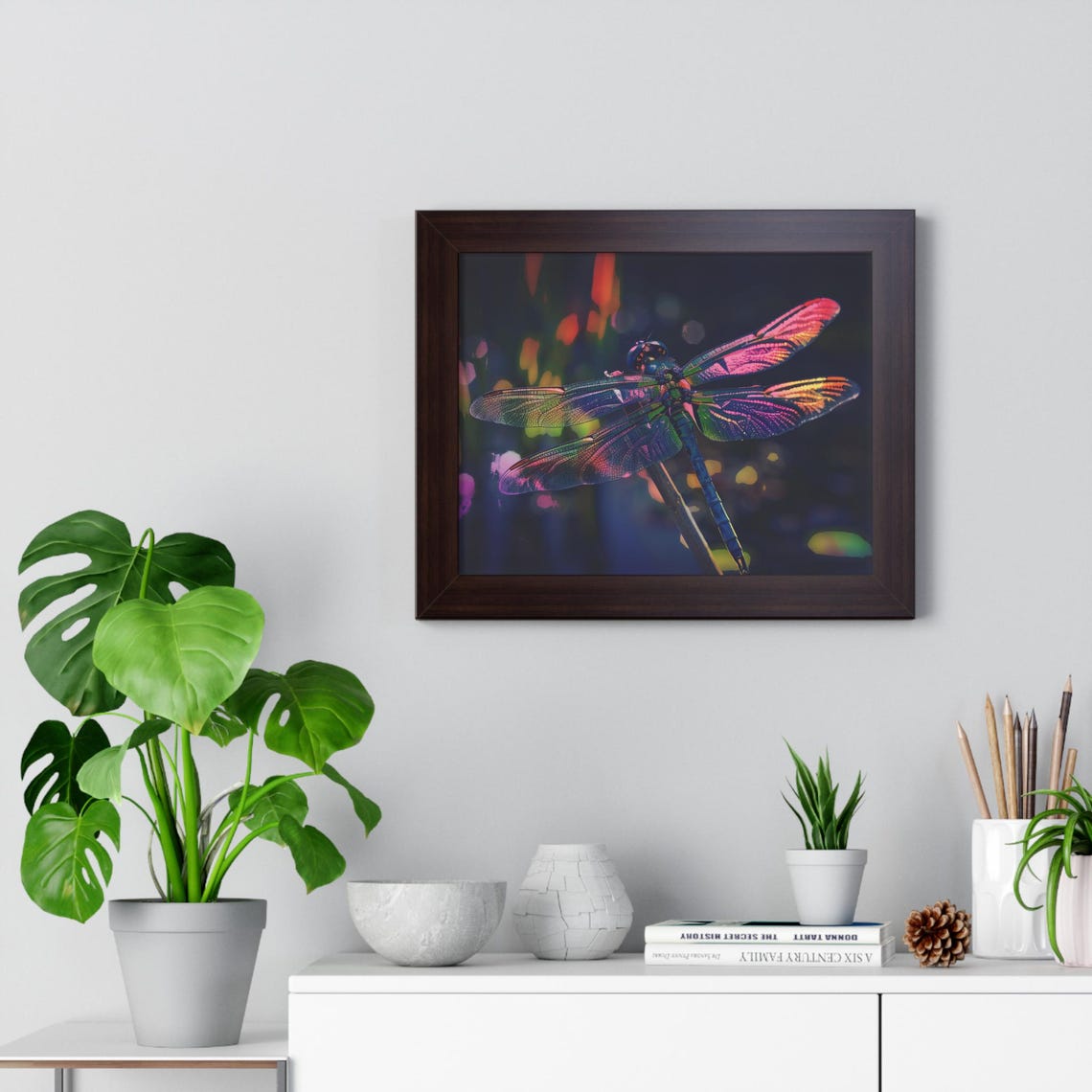 Glowing Iridescent Rainbow Dragonfly on Dark Background Poster - Image 2