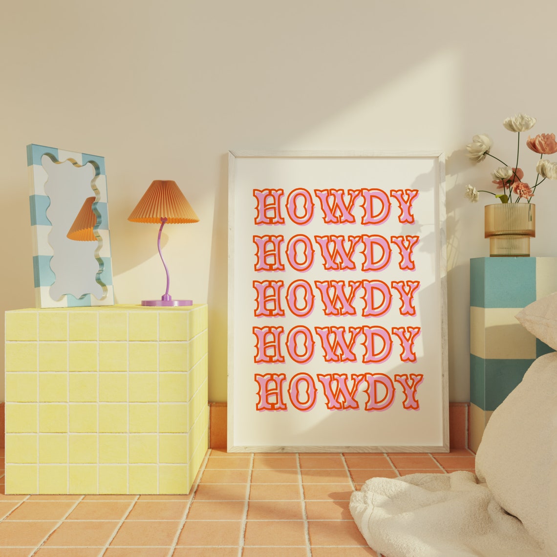 Howdy Stacked Pink Outline Western Lettering Bold Retro Wall Poster - Image 2
