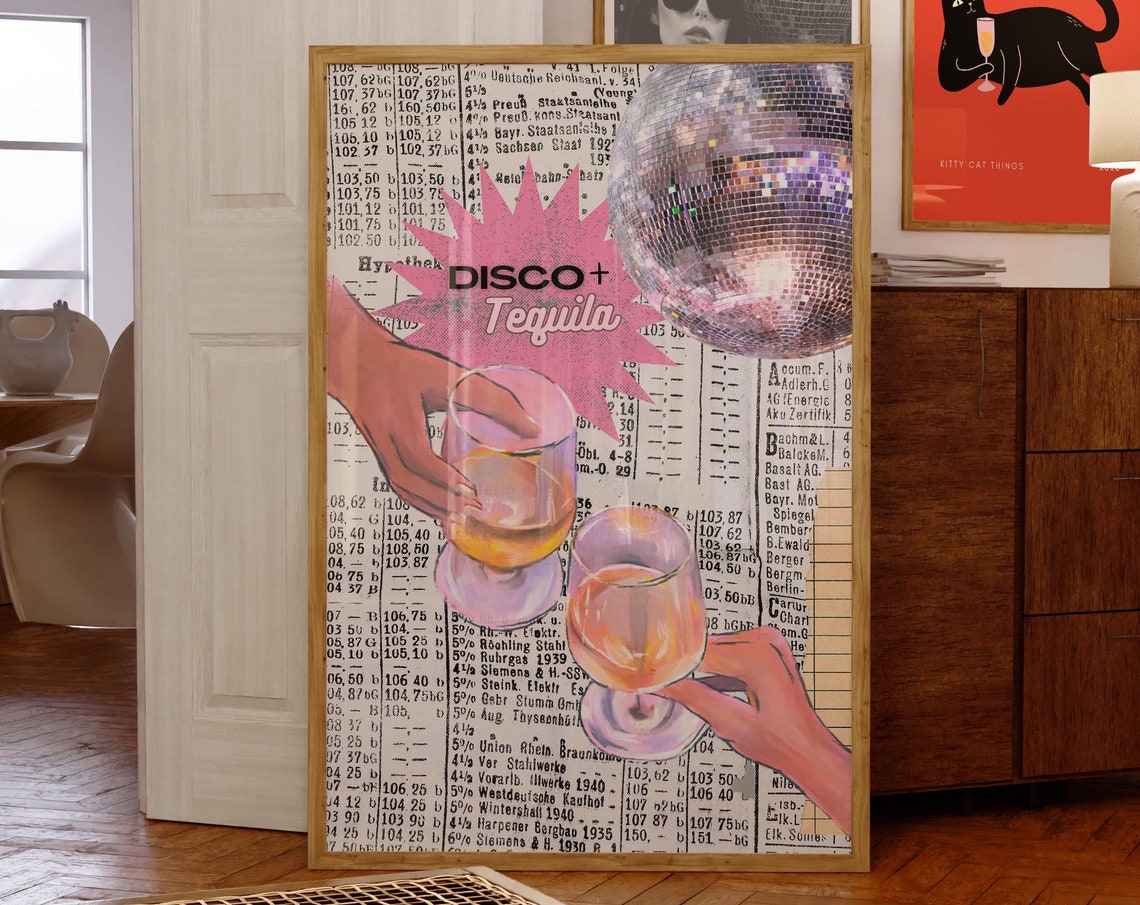 Disco And Tequila Retro Cocktail Newspaper Bar Cart Art Poster