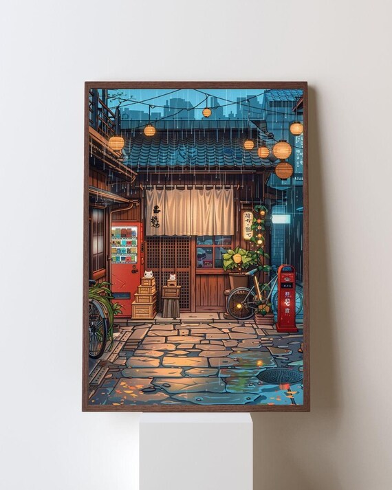 Rainy Tokyo Alley Anime Tea House Lanterns and Bicycle Art Poster