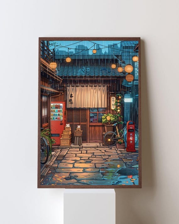Tokyo Tea House Wall Art Print Rainy Japanese Alley Anime Lanterns And Bicycle Cozy Night Poster Unframed