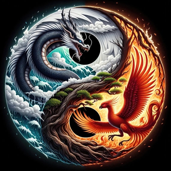 Dragon And Phoenix Yin And Yang Fantasy Art Print