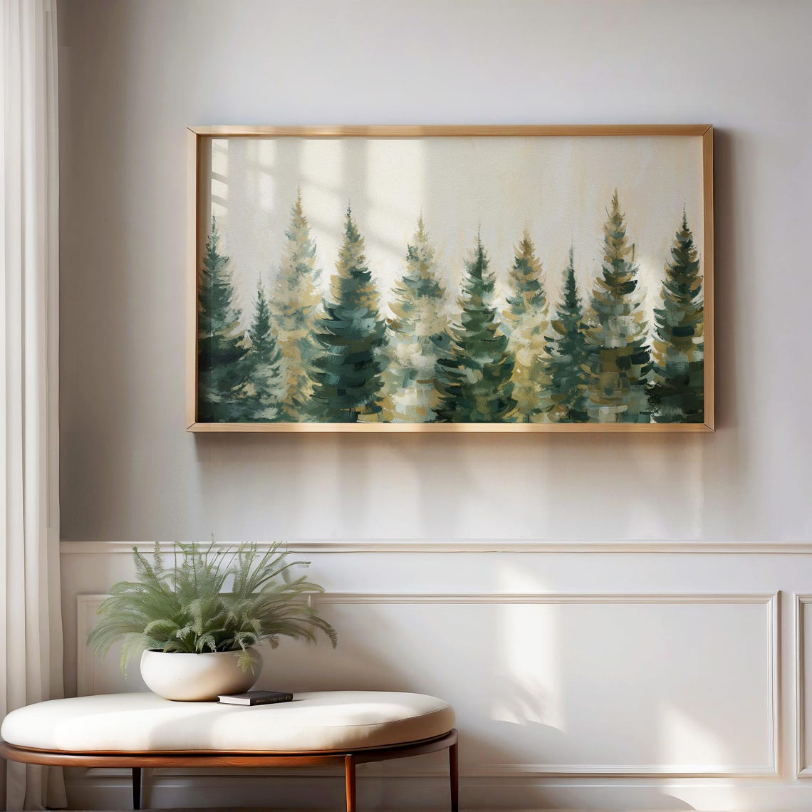 Evergreen Pine Trees Watercolor Painting Cream Background Wall Art - Image 4