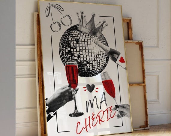 Ma Cherie Disco Ball Print Bar Cart Art Pop Culture 70s Retro Wall Art Trendy Cool College Apartment Wall Decor Best Gift For Couples
