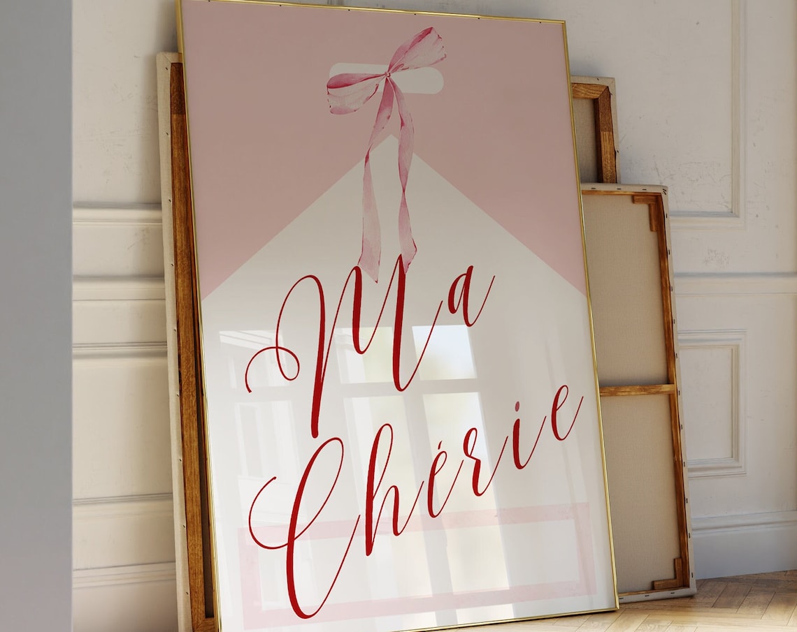 Ma Cherie Pink Bow Script Typography Poster Girly Coquette Art