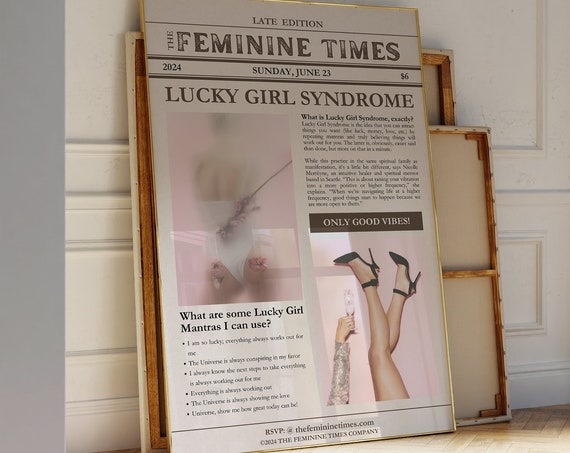 Preppy Newspaper Print Lucky Girl Syndrome Poster Wall Art Print Trendy Aesthetic Girly Dorm Room Decor Teen Girl Apartment Wall Art