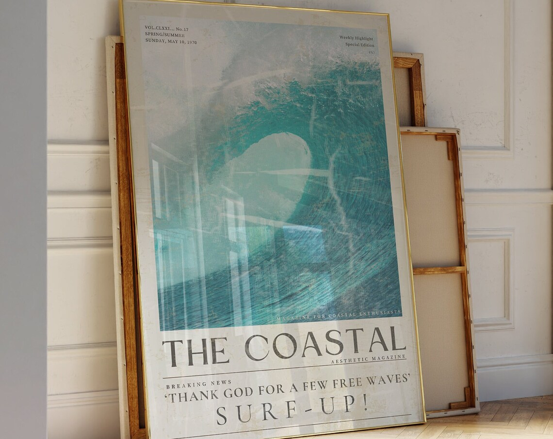 Blue Coastal Surf Up Vintage Newspaper Art Print