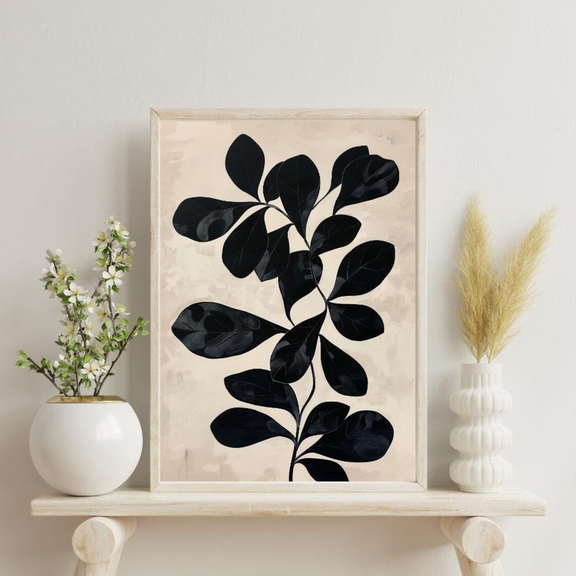 Black Leaves On Beige Background Minimalist Botanical Wall Art Abstract Organic Modern Decor For Apartment