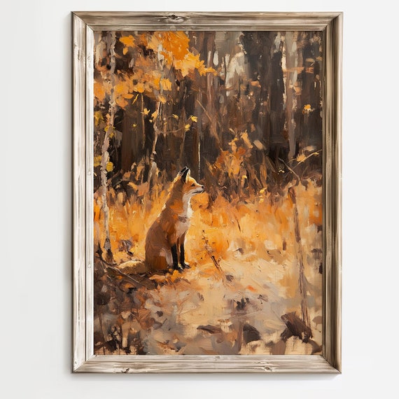 Moody Red Fox In Nature Scenery Fine Art Print Vintage Fox Painting Neutral Antique Fox Wall Decor