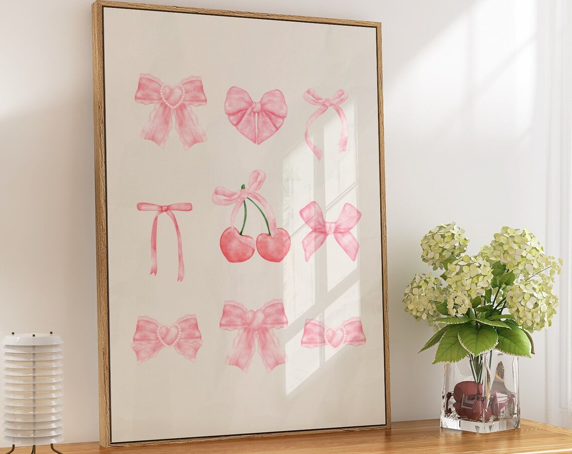 Pink Watercolor Bows and Cherries Coquette Gift Bow Collection Wall Art